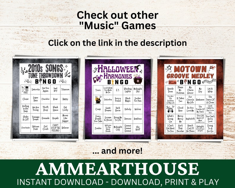 May include: Three printable Halloween bingo cards with different themes: 2010s Songs Tune Throwdown, Halloween Harmonies, and Motown Groove Medley. Each card has a black and white design with a spooky Halloween theme.
