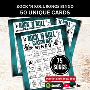 Rock and Roll Classic Songs Bingo 50 Cards, Music Bingo with Playlist, Throwback 90s 80s 70s 60s 50s Hits Game Senior Family Party Gathering