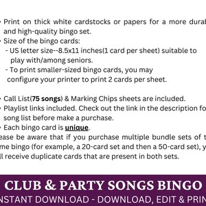 May include: Printable bingo cards featuring a list of 75 songs. The cards are designed for parties and clubs. The text "CLUB & PARTY SONGS BINGO" is displayed in a purple banner at the bottom of the image. The text "INSTANT DOWNLOAD - DOWNLOAD, EDIT & PRINT" is displayed in a white banner below the purple banner.