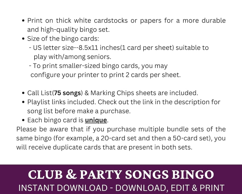 May include: Printable bingo cards featuring a list of 75 songs. The cards are designed for parties and clubs. The text "CLUB & PARTY SONGS BINGO" is displayed in a purple banner at the bottom of the image. The text "INSTANT DOWNLOAD - DOWNLOAD, EDIT & PRINT" is displayed in a white banner below the purple banner.
