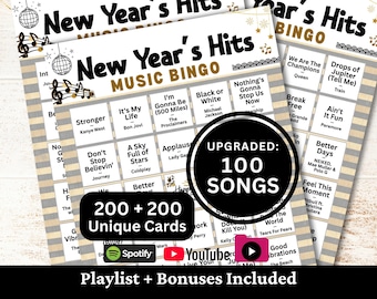 New Year's Music Bingo, 200 Cards, 100 Songs Playlists Included, Printable PDF Game, Instant Download
