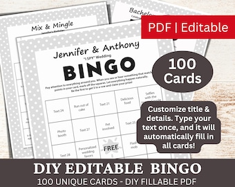100 Editable Bingo Pastel Gray Template PDF, DIY Fillable Bingo Game Cards, Custom Automatically Fill, Personalized Make Your Own Generator