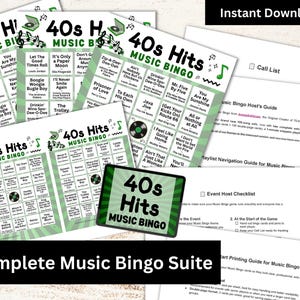 Puede incluir: Un conjunto de tarjetas de bingo musical impresas con un dise&ntilde;o verde y blanco, con el texto "40s Hits Music Bingo". La imagen incluye el texto "Complete Music Bingo Suite" y "Instant Download".