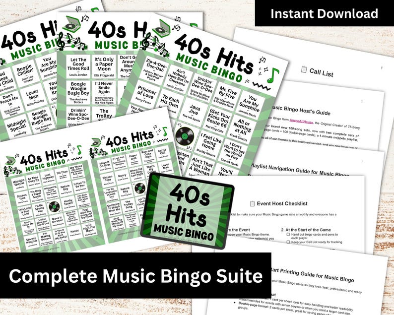 Puede incluir: Un conjunto de tarjetas de bingo musical impresas con un dise&ntilde;o verde y blanco, con el texto "40s Hits Music Bingo". La imagen incluye el texto "Complete Music Bingo Suite" y "Instant Download".