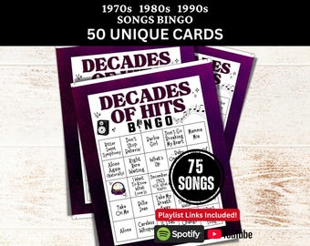 Decades of Hits Bingo 50 Card, 70s 80s 90s Songs Game for Party Activity, Family Night Gathering Printable, Birthday PDF for Retro Lovers