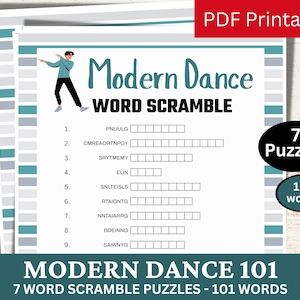 7 Modern Dance Themed Word Scramble Puzzle Games, Contemporary Move Lesson Activity, Dancer Class Birthday Party, Choreographer Brain Teaser