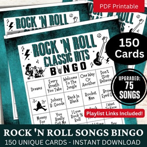 Rock and Roll Classic Songs Bingo 150 Karte, Musik Bingo mit Playlist, Throwback 90er 80er 70er 60er 50er Jahre Hits Spiel Senior Familienfeier