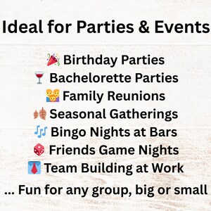 Ideal for birthday parties, bachelorette parties, family reunions, seasonal gatherings, work or office parties, bingo nights at bars, friends’ game nights, fundraisers, and team building at work. Perfect for adding music-filled fun to any group event, big or small.