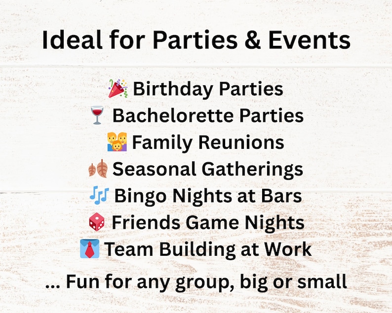 Ideal for birthday parties, bachelorette parties, family reunions, seasonal gatherings, work or office parties, bingo nights at bars, friends’ game nights, fundraisers, and team building at work. Perfect for adding music-filled fun to any group event, big or small.