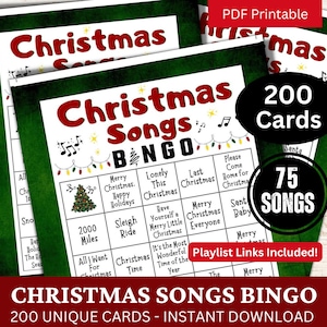 Tarjetas de bingo con canciones navideñas, 200 canciones de bingo navideñas con lista de reproducción, divertida actividad para fiestas familiares, juego imprimible para reuniones de trabajo de invierno