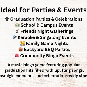 May include: Text on a light wood-grain background reads "Ideal for Parties & Events" followed by a list of event types, including graduation parties, karaoke, and family game nights. The text describes a music bingo game.