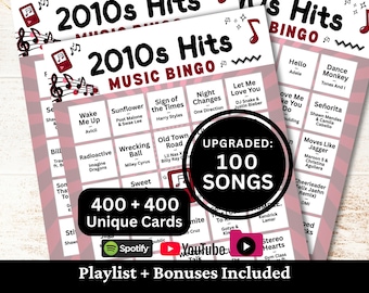 Bingo musicale dei successi degli anni 2010, 400 cartelle, playlist di 100 brani incluse, gioco PDF stampabile, download immediato