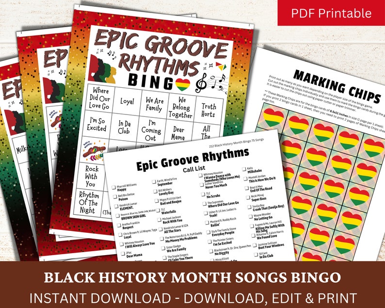 May include: A printable Black History Month Bingo game with a colorful background and a call list of 22 songs. The game board features squares with phrases like "Where Did Our Love Go", "I'm So Excited", "Rock With You", and "Rhythm of the Night".