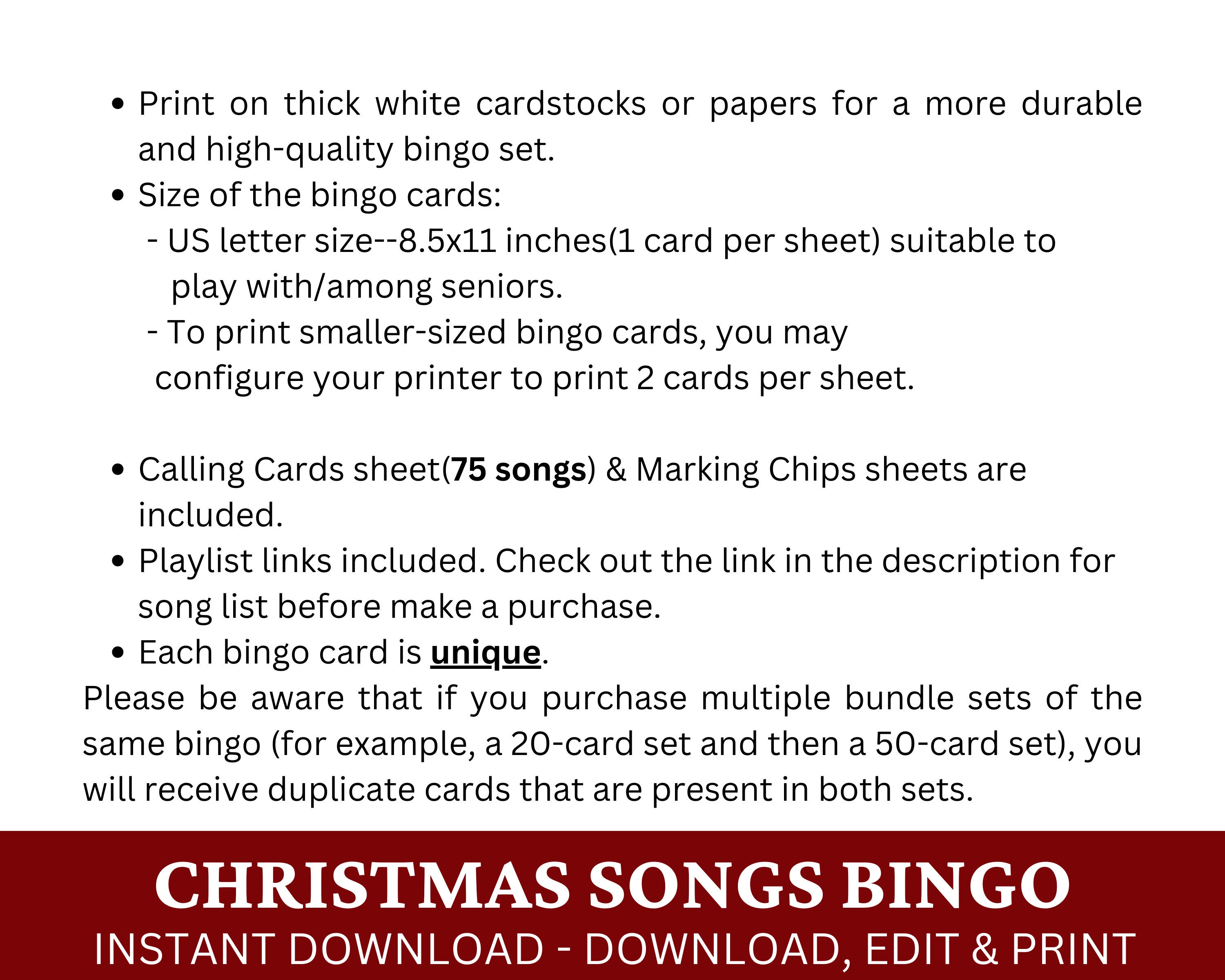 Christmas Songs Bingo 100 Cards, Winter Work Gathering Game Printable