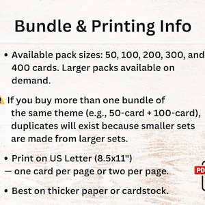 May include: White background with the text "Bundle & Printing Info". The text describes available pack sizes, printing instructions on US Letter paper (8.5x11 inches), and paper recommendations. A PDF icon is in the lower right corner.