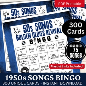 Nummers Bingo 300-kaart uit de jaren 50, muziekbingo uit de jaren 50 met afspeellijst voor senioren, familiereünie-feestspel, throwback verjaardag thema verzamelen activiteit