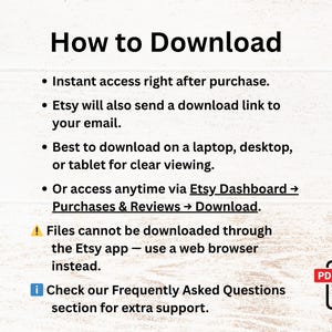Pode incluir: Um fundo branco com o texto "Como baixar" e marcadores detalhando o processo de download. Inclui um &iacute;cone PDF com uma seta vermelha, indicando arquivos para download. As instru&ccedil;&otilde;es cobrem acesso instant&acirc;neo, links de e-mail e acesso via painel do Etsy.