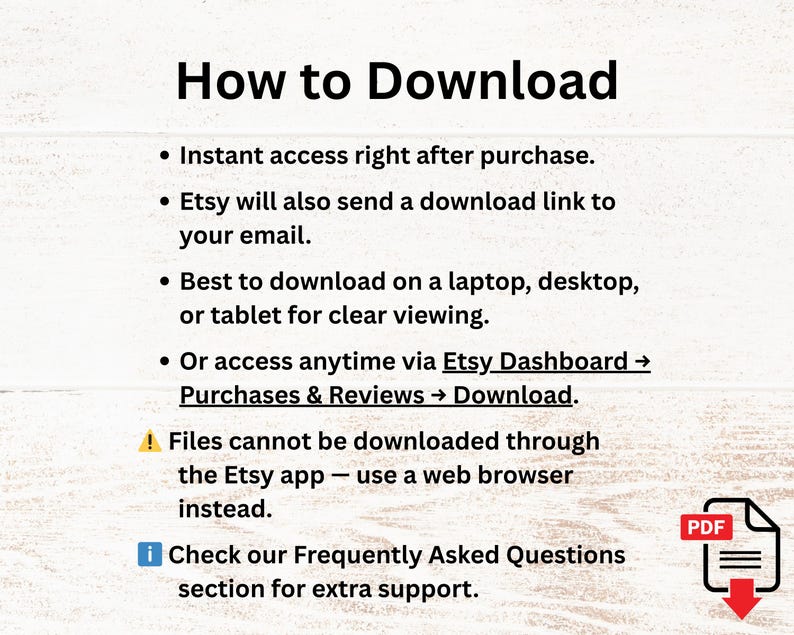Pode incluir: Um fundo branco com o texto "Como baixar" e marcadores detalhando o processo de download. Inclui um &iacute;cone PDF com uma seta vermelha, indicando arquivos para download. As instru&ccedil;&otilde;es cobrem acesso instant&acirc;neo, links de e-mail e acesso via painel do Etsy.