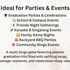 May include: Text on a light wood-grain background reads "Ideal for Parties & Events" followed by a list of event types, including graduation parties, karaoke, and family game nights. The text describes a music bingo game.