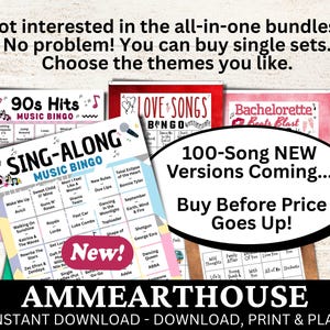 Puede incluir: Una colecci&oacute;n de tarjetas de bingo musical con temas como &Eacute;xitos de los 90, Canciones de amor y Bachelorette Beats Blast. La imagen incluye el texto "&iexcl;100 nuevas versiones de canciones pr&oacute;ximamente... Compra antes de que suba el precio!" y "Descarga instant&aacute;nea - Descarga, imprime y juega."