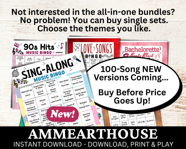 Puede incluir: Una colecci&oacute;n de tarjetas de bingo musical con temas como &Eacute;xitos de los 90, Canciones de amor y Bachelorette Beats Blast. La imagen incluye el texto "&iexcl;100 nuevas versiones de canciones pr&oacute;ximamente... Compra antes de que suba el precio!" y "Descarga instant&aacute;nea - Descarga, imprime y juega."