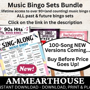 Pode incluir: Um pacote de conjuntos de bingo musical com v&aacute;rios temas, incluindo 90s Hits, Sing-Along e Bachelorette. A imagem apresenta v&aacute;rios cart&otilde;es de bingo com t&iacute;tulos de m&uacute;sicas e o texto "100-Song NEW Versions Coming..." e "Buy Before Price Goes Up!"