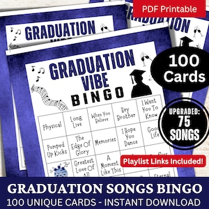 Canções de formatura Bingo 100 cartões, Reunião de formatura da faculdade, Bingo de lista de reprodução de música da turma de 2024, Noite de atividades de festa temática para alunos