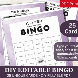 25 Plantilla editable de bingo acuarela púrpura PDF, tarjeta de juego rellenable DIY, relleno automático personalizado, personalizado haga su propio generador