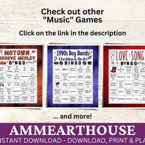 May include: Three printable bingo cards with a music theme. The cards are red, blue, and purple with white text. The cards are titled "Motown Groove Medley", "1990s Boy Bands Flashback Beats", and "Love Songs".