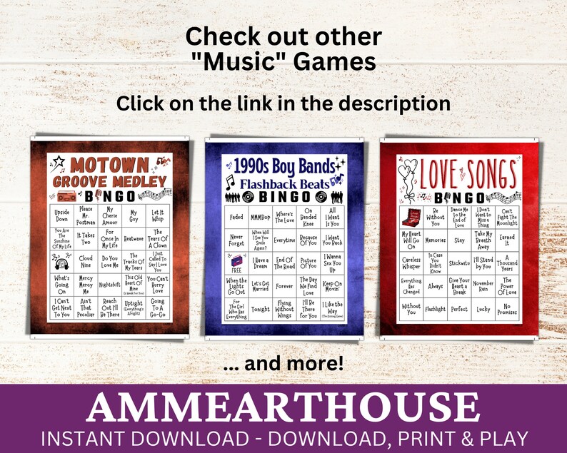 May include: Three printable bingo cards with a music theme. The cards are red, blue, and purple with white text. The cards are titled "Motown Groove Medley", "1990s Boy Bands Flashback Beats", and "Love Songs".