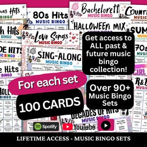 Music Bingo Sets Bundle - 100 Unique Bingo Cards ALL Past and Future Music Bingo Sets, Google Drive Access, Playlists Included