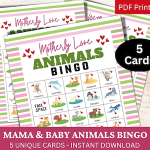 5 Mama & Baby Animals Bingo Game Card, Aktywność tematyczna na Dzień Matki, Zjazd rodzinny PDF, Impreza celebrująca miłość mamy, Klasa szkolna do wydrukowania
