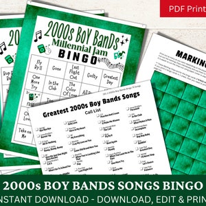 May include: A printable bingo card game featuring a green and white colour scheme with the title "2000s Boy Bands Millennial Jam Bingo". The card has a list of popular boy band songs from the 2000s, such as "Fly By II", "Gone", "Last Flight Out", "Guilty", and "Greatest Day".