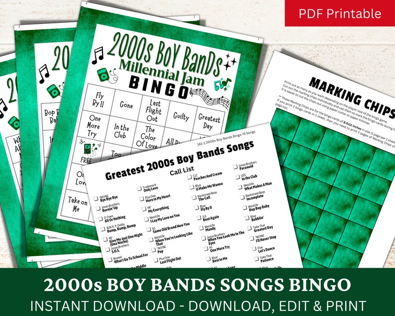 May include: A printable bingo card game featuring a green and white colour scheme with the title "2000s Boy Bands Millennial Jam Bingo". The card has a list of popular boy band songs from the 2000s, such as "Fly By II", "Gone", "Last Flight Out", "Guilty", and "Greatest Day".