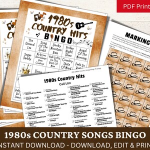 Puede incluir: Un juego de bingo de m&uacute;sica country de los a&ntilde;os 80 imprimible con un esquema de color marr&oacute;n y beige. La tarjeta de bingo presenta un dise&ntilde;o de guitarra y sombrero de vaquero. La lista de llamadas incluye canciones como "Elvira", "Angel of the Morning" y "Country State of Mind".