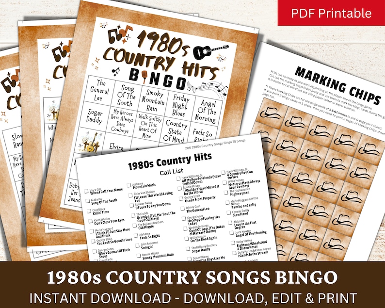 Puede incluir: Un juego de bingo de m&uacute;sica country de los a&ntilde;os 80 imprimible con un esquema de color marr&oacute;n y beige. La tarjeta de bingo presenta un dise&ntilde;o de guitarra y sombrero de vaquero. La lista de llamadas incluye canciones como "Elvira", "Angel of the Morning" y "Country State of Mind".