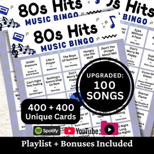 Printable 80s Hits Music Bingo game for parties, office events, family gatherings, fundraisers, and community game nights. Features 100 popular 1980s songs with 400 + 400 unique bingo cards. Includes Spotify, YouTube, and offline 1-minute snippets playlists, plus bonus extras.