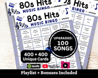 80s Hits Music Bingo, 400 Cards, 100 Songs Playlists Included, Printable PDF Game, Instant Download