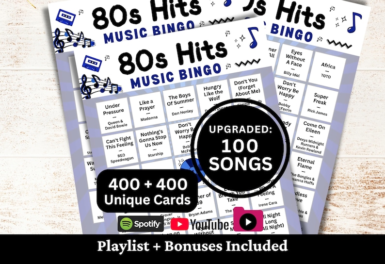 Printable 80s Hits Music Bingo game for parties, office events, family gatherings, fundraisers, and community game nights. Features 100 popular 1980s songs with 400 + 400 unique bingo cards. Includes Spotify, YouTube, and offline 1-minute snippets playlists, plus bonus extras.
