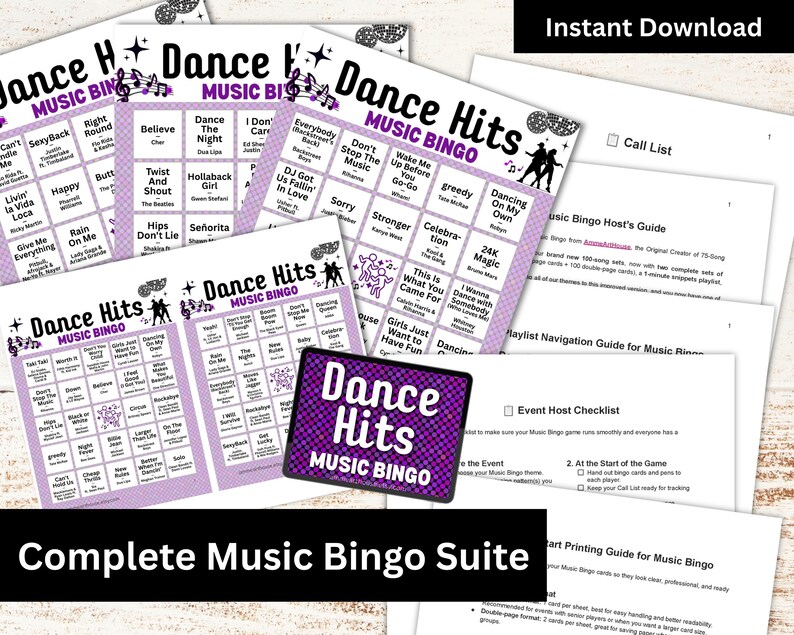 May include: A complete music bingo suite with multiple bingo cards, a host's guide, and a playlist guide. The bingo cards feature song titles in a purple and white design. The words "Dance Hits Music Bingo" are displayed.