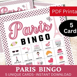 5 Paris Bingo Spiel Karte, Spaß Reise Thema Geburtstag Party Aktivität, Liebe Frankreich Spiel druckbare, französische Sammelspiel PDF, Sleepover Night