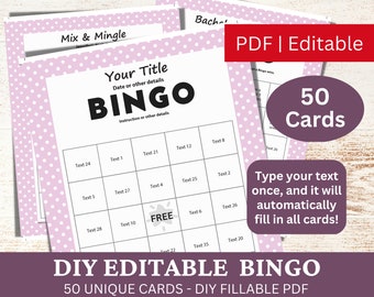 50 Editable Bingo Pastel Violet Template PDF, DIY Fillable Bingo Game Cards, Custom Automatically Fill, Personalized Make Your Own Bingo