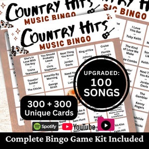 以下が含まれることがあります： カントリー・ヒッツ・ミュージック・ビンゴのゲームカード。曲名とアーティスト名がグリッド状に記載されています。黒い文字、ギターや音符のアイコン、そして「Upgraded: 100 Songs」や「300 + 300 Unique Cards」と書かれた黒い円形のオーバーレイが特徴です。
