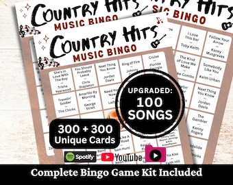 Country Hits Music Bingo, 300 Cards, 100 Songs Playlists Included, Printable PDF, Instant Download
