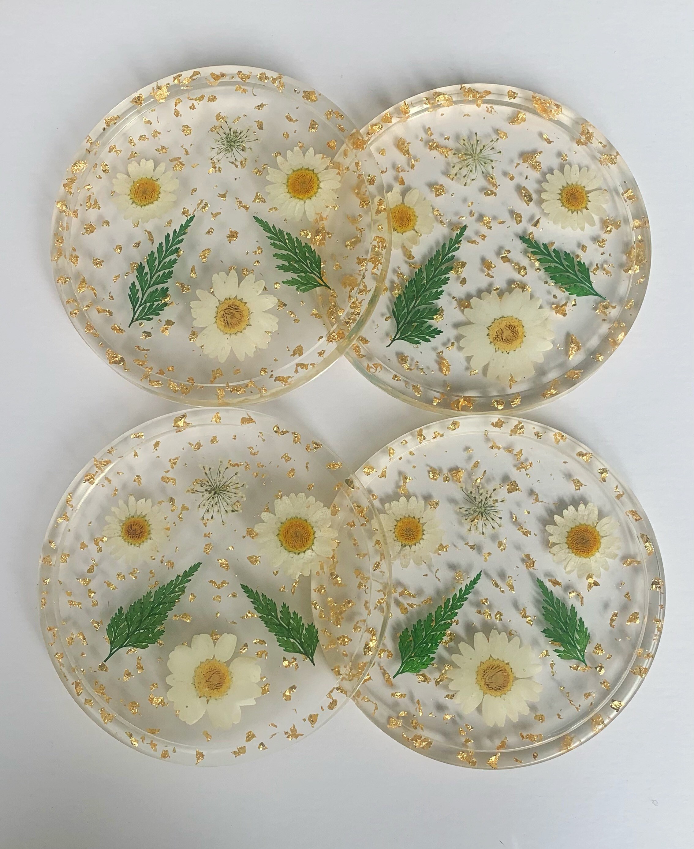 Handmade resin flower coasters set of 2 4 or 6 gold leaf Etsy