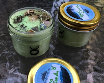Taurus Candle~ Handmade Essential Oil Soy Wax Astrology aromatherapy soy wax pine ylang ylang patchouli eucalyptus lavender crystals Jade