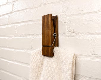 Jumbo Clothespin Towel Holder - Wall Mounted Towel Hook - Wooden Towel Clip - 6”