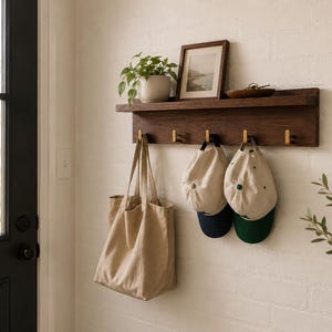 May include: A dark wood wall-mounted shelf featuring five gold-toned metal hooks. The shelf holds a small potted green plant, a framed landscape print, and a shallow dish. A beige canvas tote bag and two baseball caps hang from the hooks.