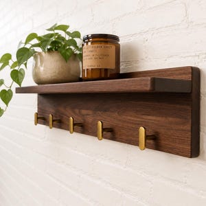 Key Holder Shelf, Entryway Mail Organizer, Walnut Wall Shelf with Hooks, Modern Key Rack, Floating Shelf Organizer, Brass Hooks