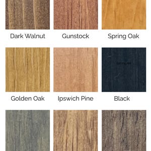 May include: Nine wood stain samples in various colors, including Dark Walnut, Gunstock, Spring Oak, Golden Oak, Ipswich Pine, Black, Grey, Early American, and Espresso. Each sample displays the wood grain.